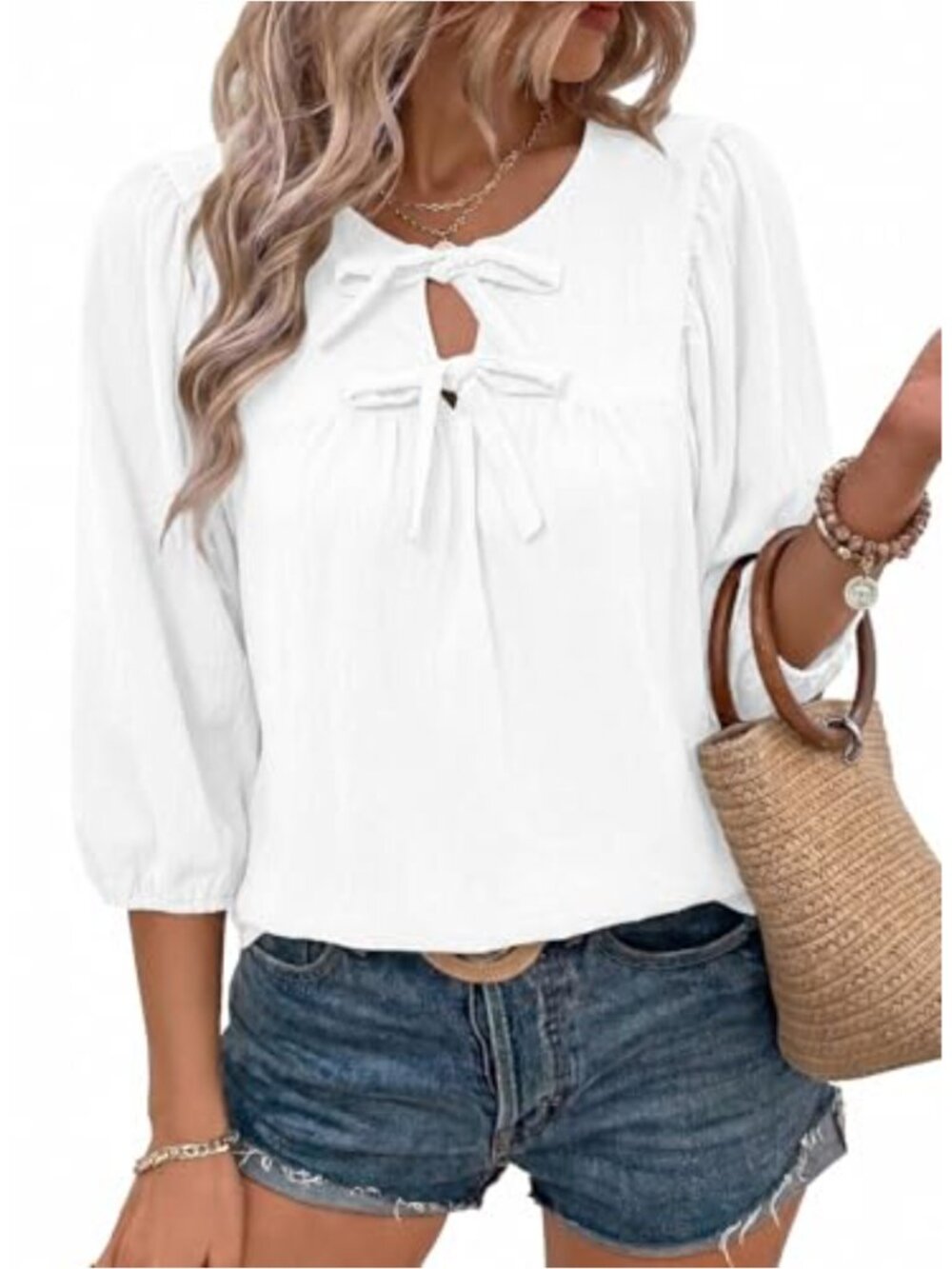SHEWIN Womens Babydoll Blouse 3/4 Sleeve Bow Tie V-Neck Loose Fit Casual Top
